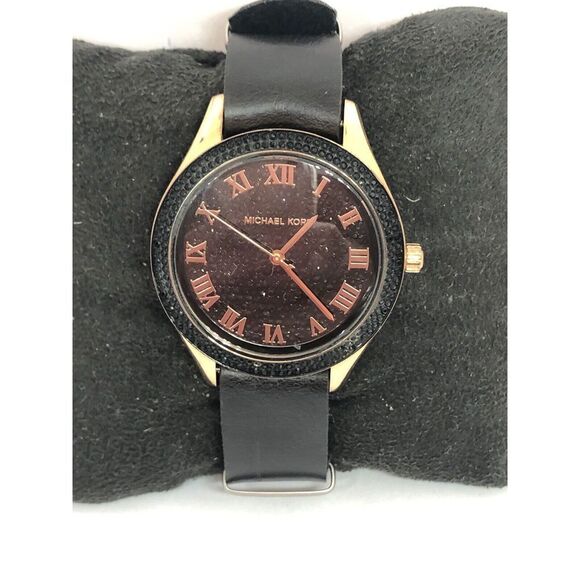 Michael Kors MK3320 Women's Black Leather Analog Black Dial Quartz Watch DV152 - Picture 1 of 8